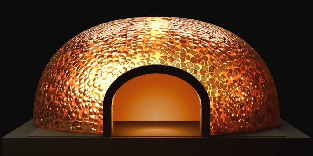 Die goldene Mosaikkuppel seines Ofens; die Steine glühen vom Ofenmund aus.