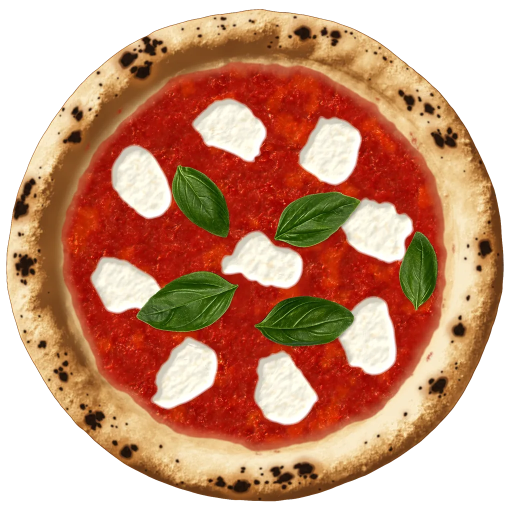Pizza Margherita von oben, frisch aus dem Ofen: luftiger Rand mit dunklen Leopardenflecken, Tomate, geschmolzener Mozzarella, Basilikum. Rundherum die Namen: Caputo, La Fiammante, Ooni, Accademia Pizza DOC, APN.